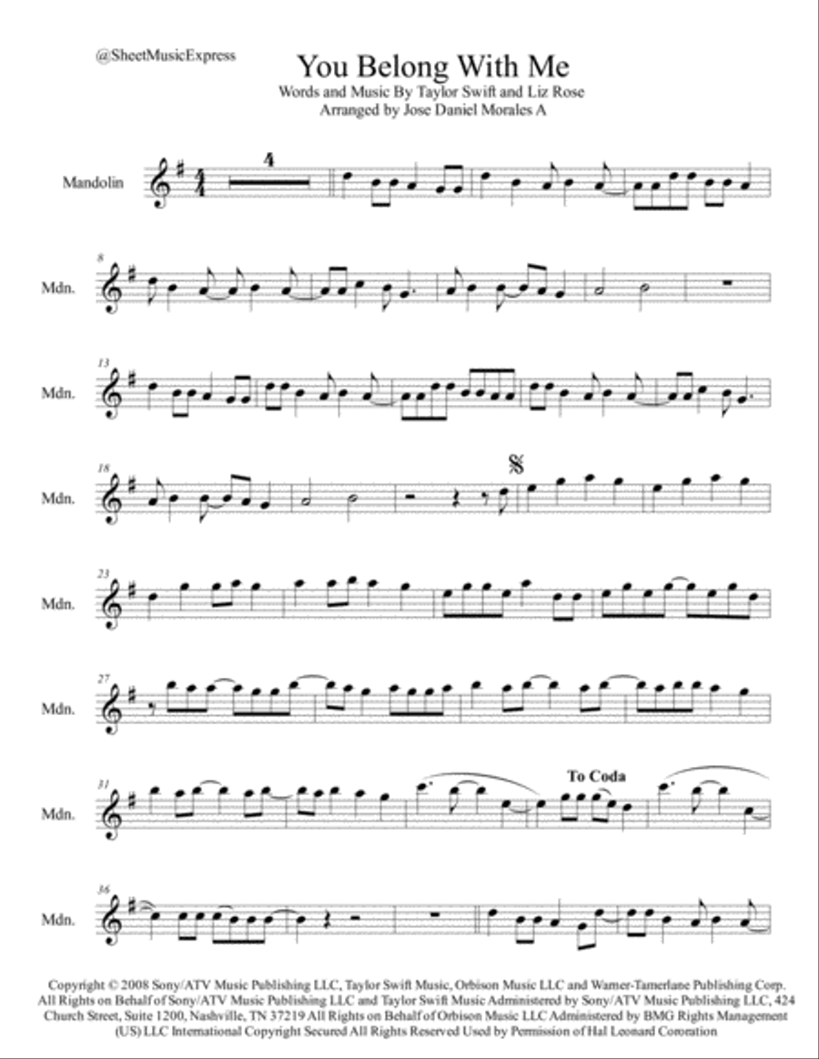 You Belong With Me by Taylor Swift Mandolin Digital Sheet Music Sheet Music Plus