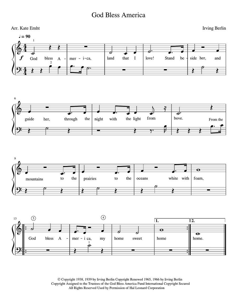 God Bless America Easy Piano scores gallery preview page 1