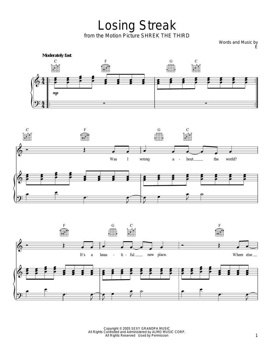 Losing Streak Losing Streak Piano, Vocal, Guitar scores gallery preview page 1