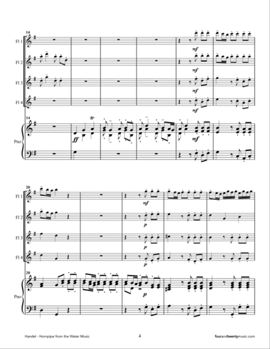 'Hornpipe' from the Water Music, arranged for four flutes and piano Small Ensemble scores gallery preview page 4