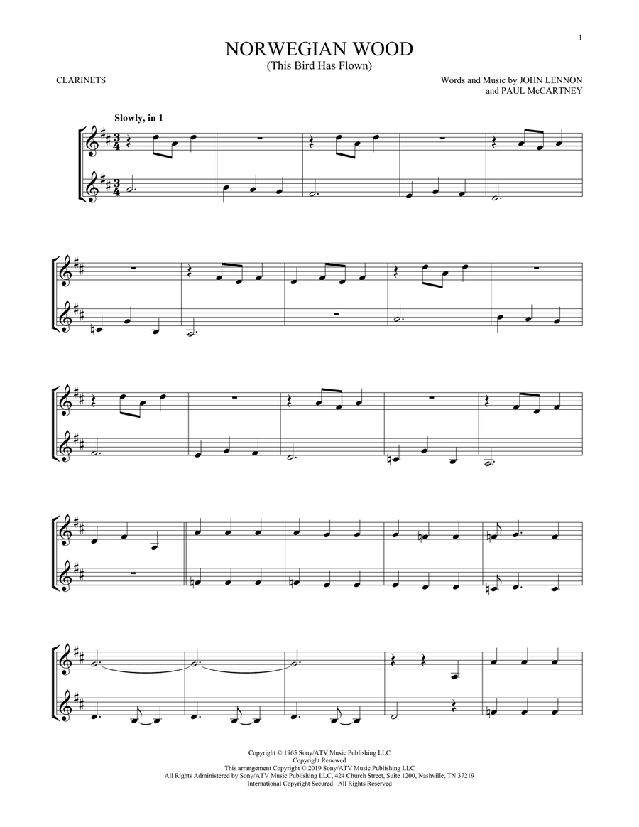 Norwegian Wood (This Bird Has Flown) Clarinet Duet scores gallery preview page 1