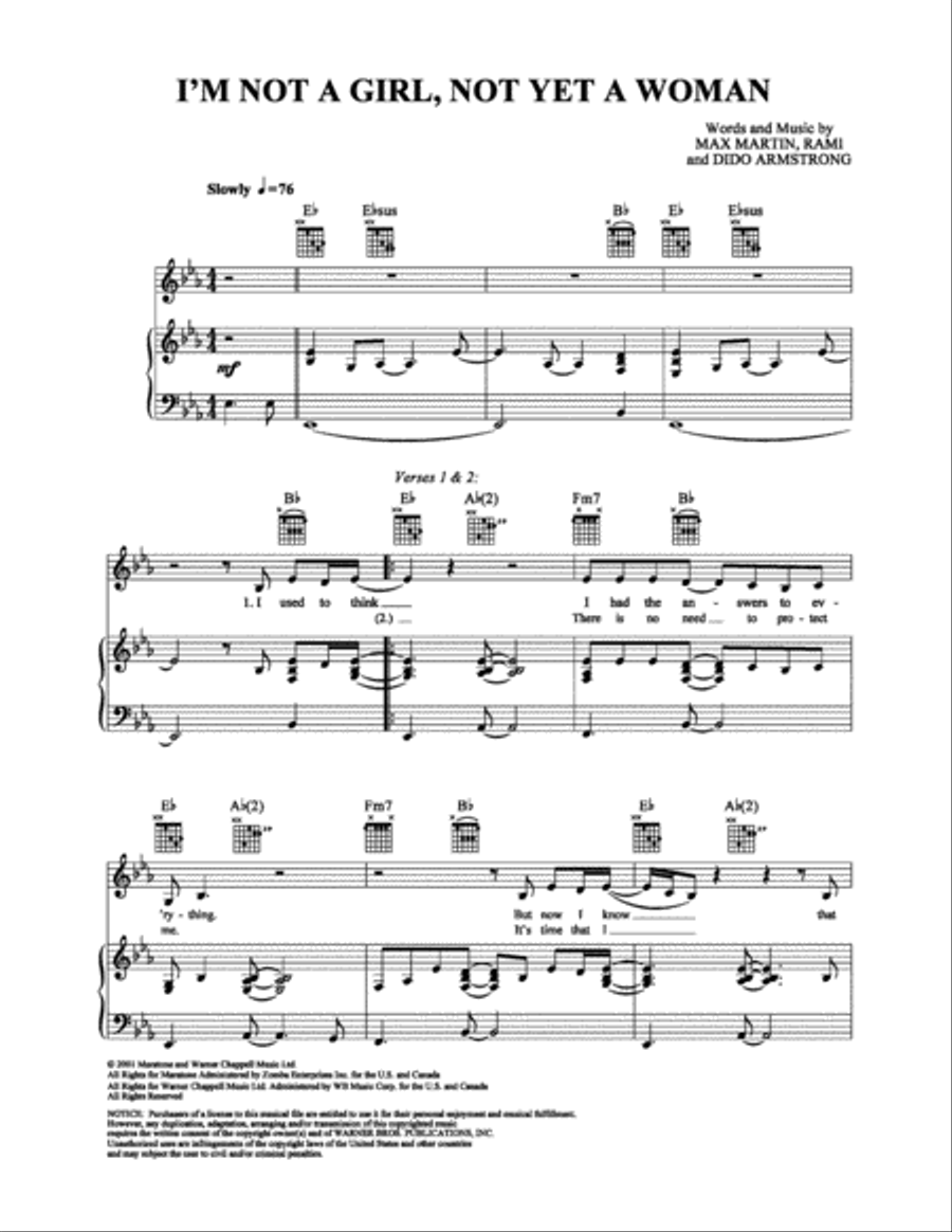 I'm Not a Girl, Not Yet a Woman Piano, Vocal, Guitar scores gallery preview page 1