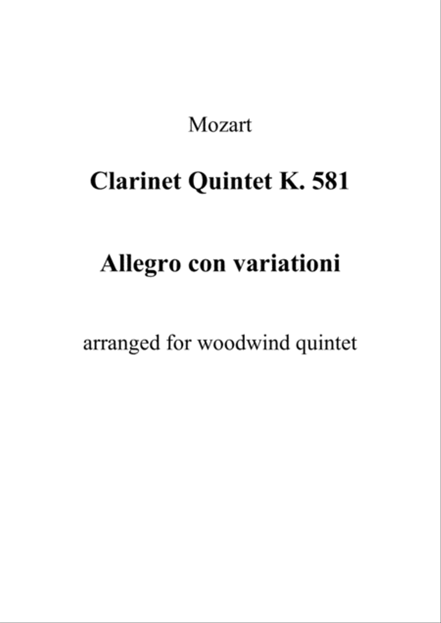 Clarinet Quintet K. 581 - Allegro con variationi (Full Score and Parts) Clarinet Quintet scores gallery preview page 1