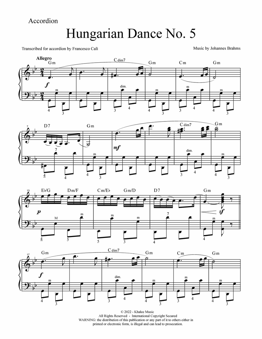 Hungarian Dance No. 5 (in Gm) Accordion scores gallery preview page 2