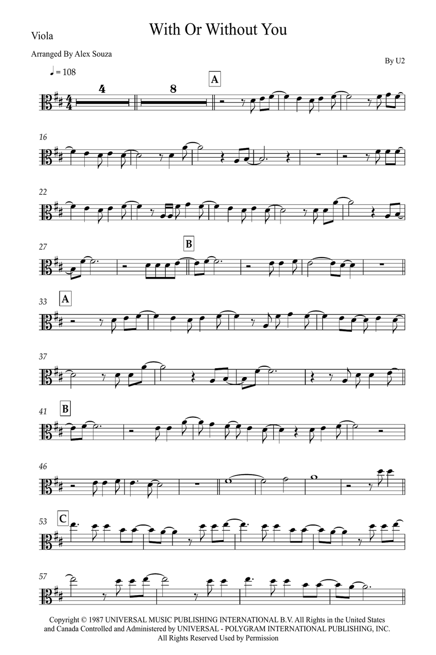 With Or Without You Viola Solo scores gallery preview page 1
