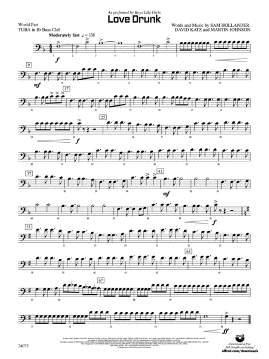 Love Drunk: (World Part) B-flat Tuba B.C. Concert Band scores gallery preview page 1