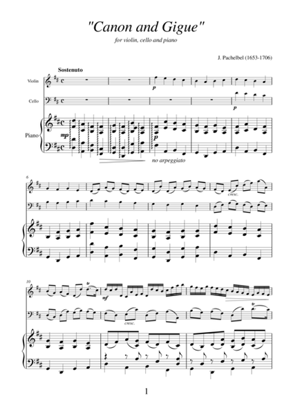 Canon in D and Gigue by Johann Pachelbel, transcription for violin, cello and piano