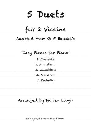 Book cover for 5 Duets for 2 Violins. Adapted from G F Handel's 'Easy Pieces for Piano'