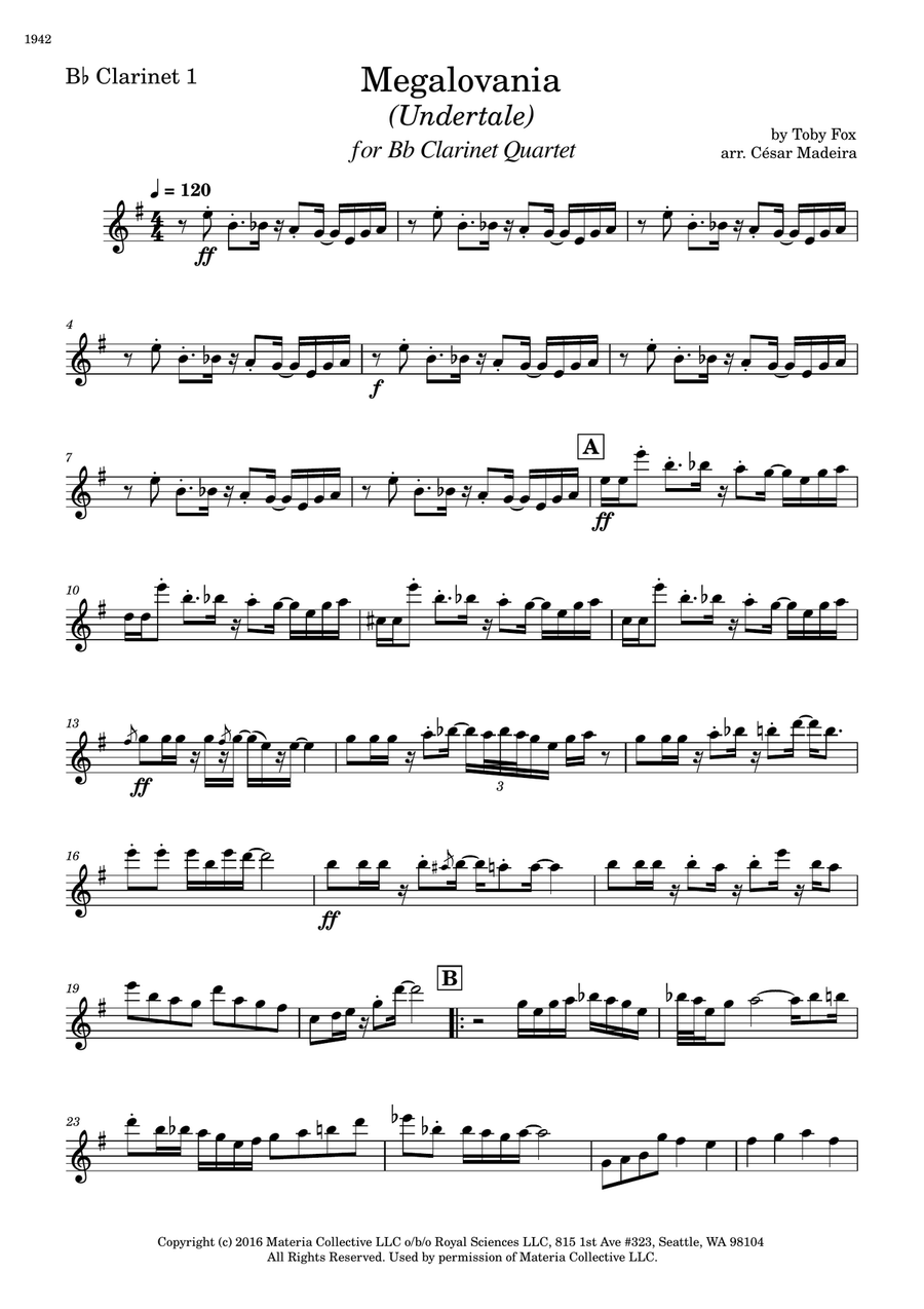 Megalovania Clarinet Quartet scores gallery preview page 1