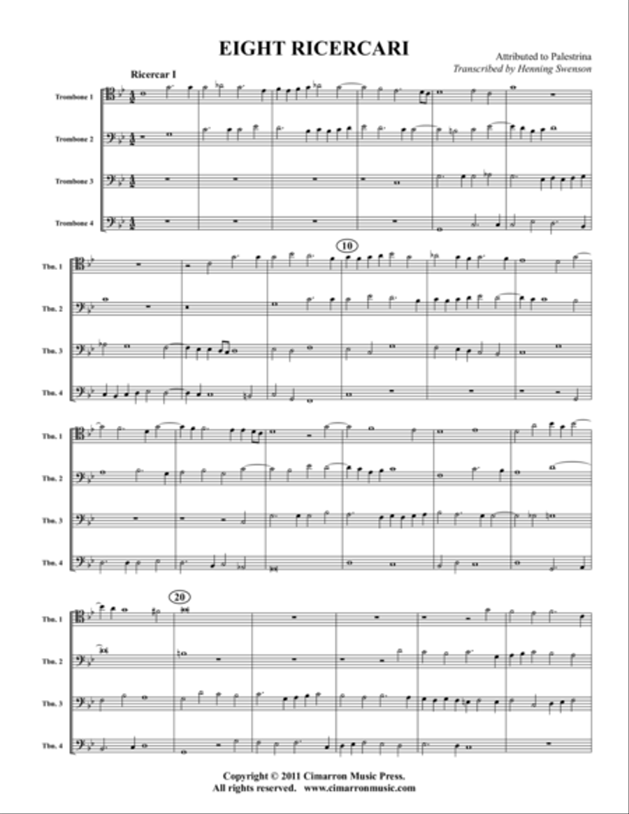 Eight Ricercari Trombone Quartet scores gallery preview page 1