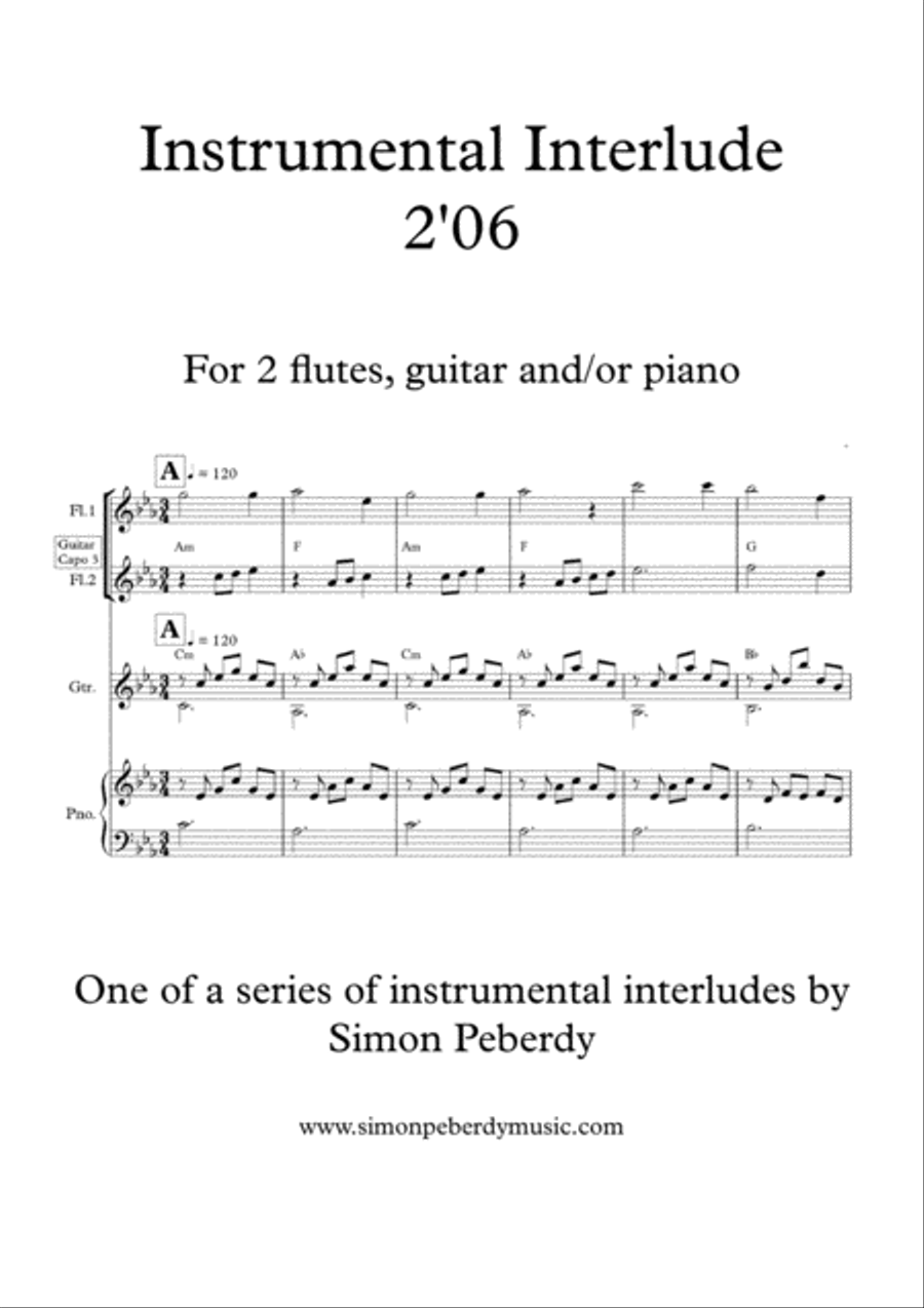 Melodious Instrumental Interlude 2'06 in Cmin for 2 flutes, guitar and/or piano by Simon Peberdy Small Ensemble scores gallery preview page 1