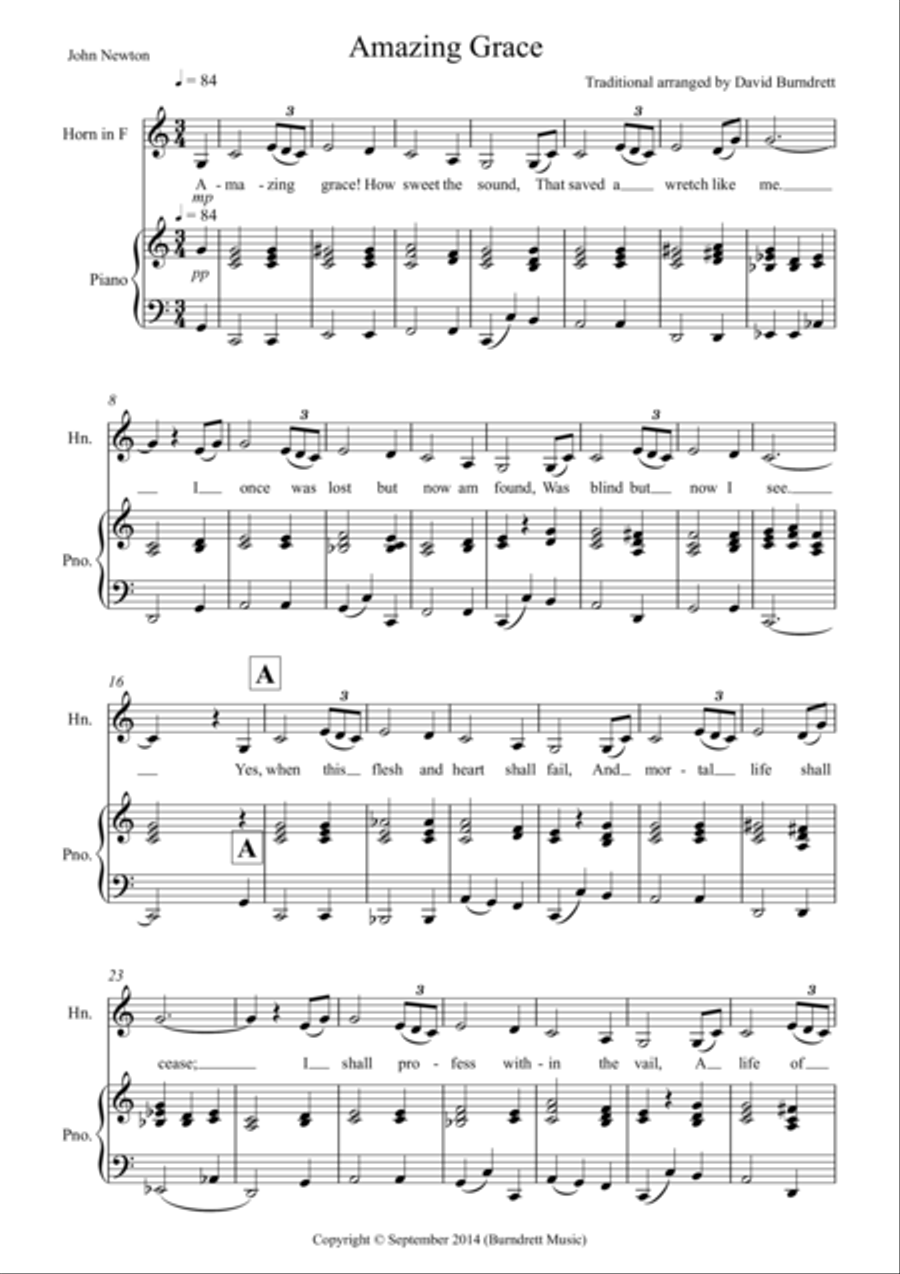 Amazing Grace for French Horn and Piano by Traditional Brass