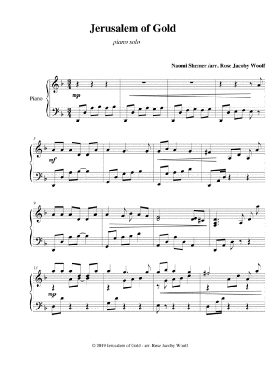 Jerusalem of Gold - piano solo Piano Solo scores gallery preview page 1
