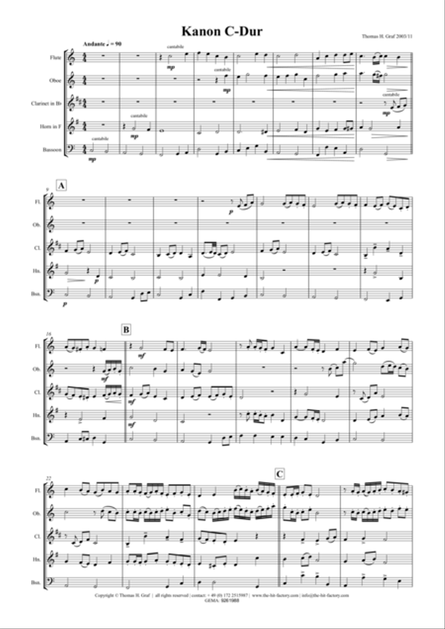 Kanon C-Major Wind Quintet Woodwind Quintet scores gallery preview page 1