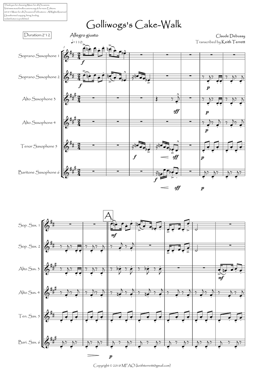 Golliwog's Cakewalk for Saxophone Sextet Woodwind Ensemble scores gallery preview page 3
