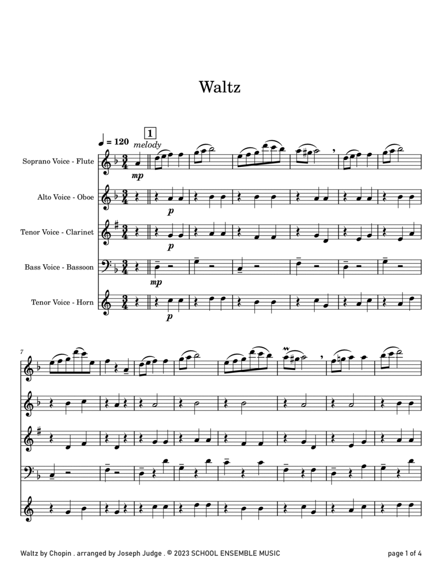 Waltz by Chopin for Woodwind Quartet in Schools Woodwind Quartet scores gallery preview page 1