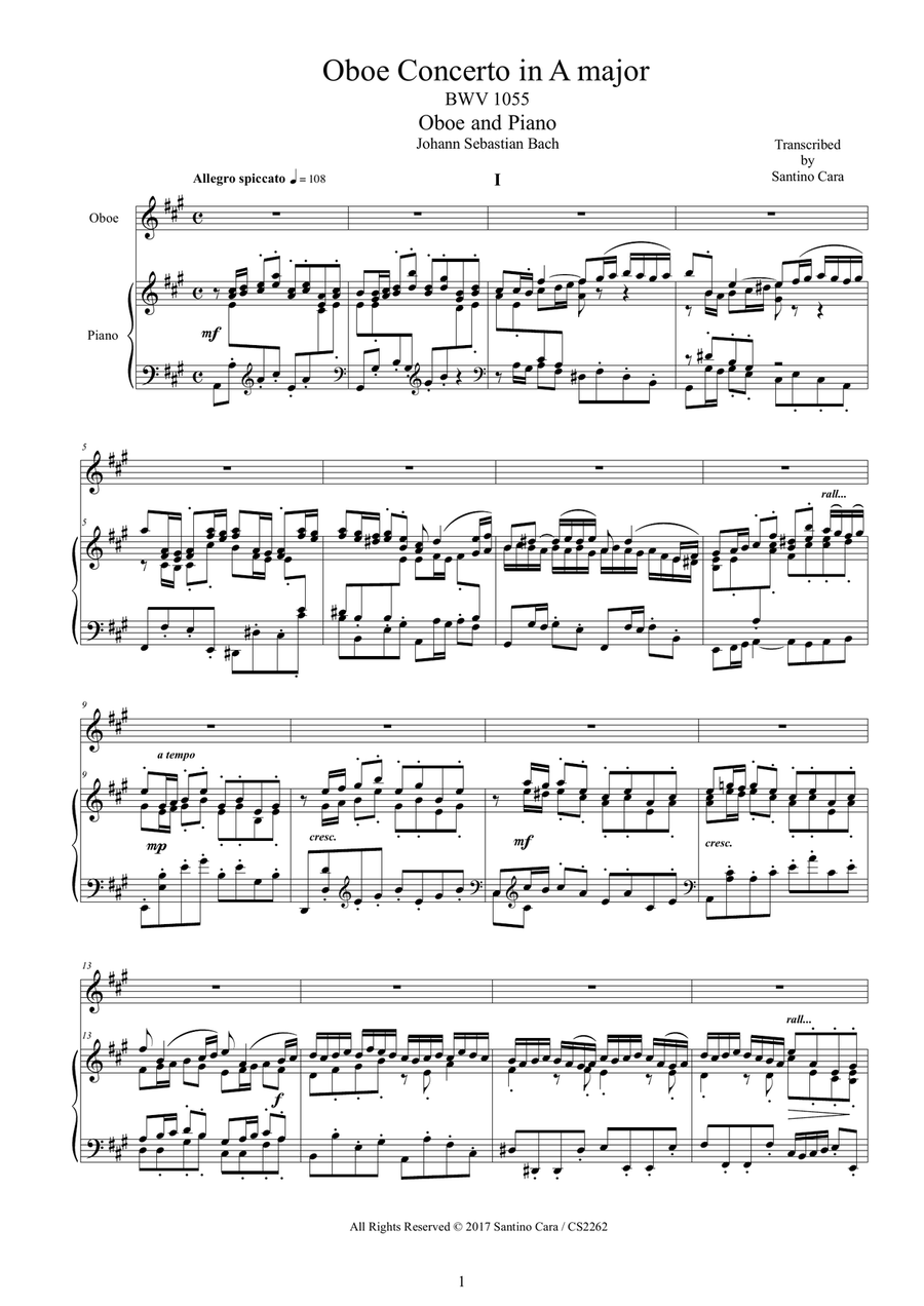 Bach - Oboe Concerto in A major BWV 1055 for Oboe and Piano Piano scores gallery preview page 1