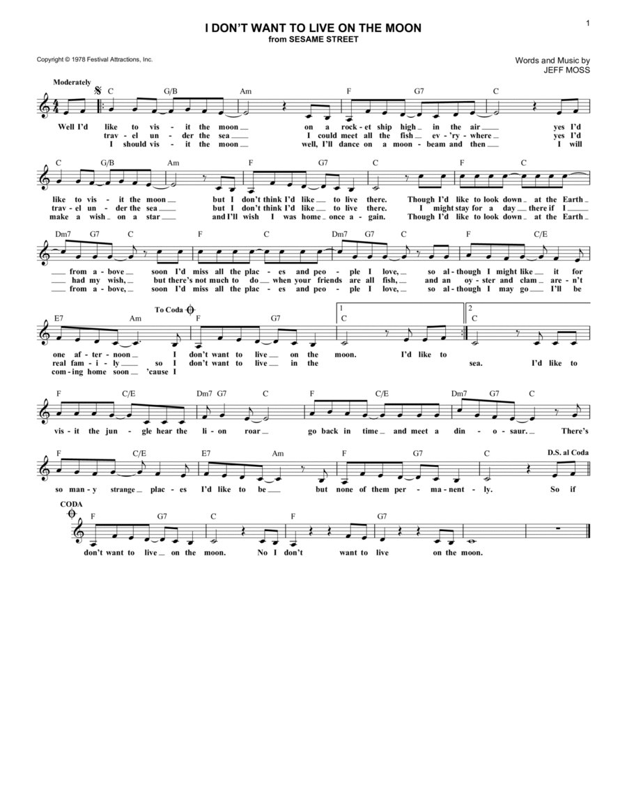 I Don't Want To Live On The Moon (from Sesame Street) Guitar scores gallery preview page 1