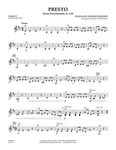 Presto (from Divertimento, K.113) - Violin 3 (Viola T.C.)