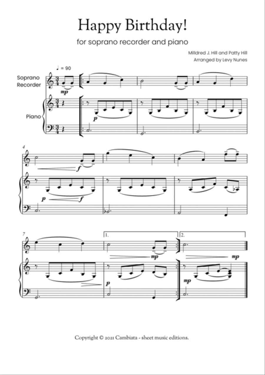 Happy Birthday - For soprano recorder (solo) and piano (Easy/Beginner) Soprano Recorder scores gallery preview page 2