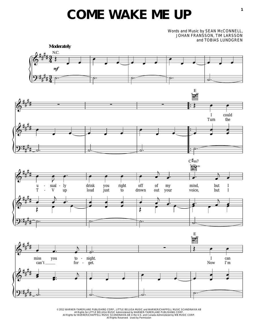 Come Wake Me Up Piano, Vocal, Guitar scores gallery preview page 1