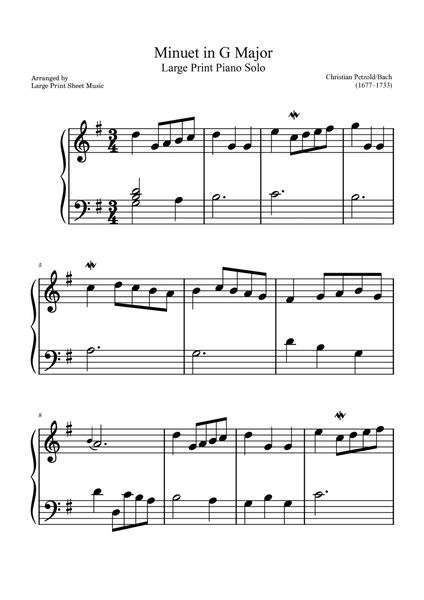Bach Minuet in G Large Print Sheet Music image number null