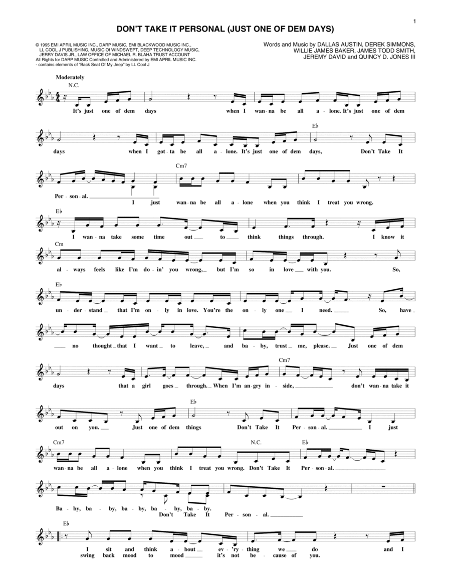 Don't Take It Personal (Just One Of Dem Days) Piano scores gallery preview page 1