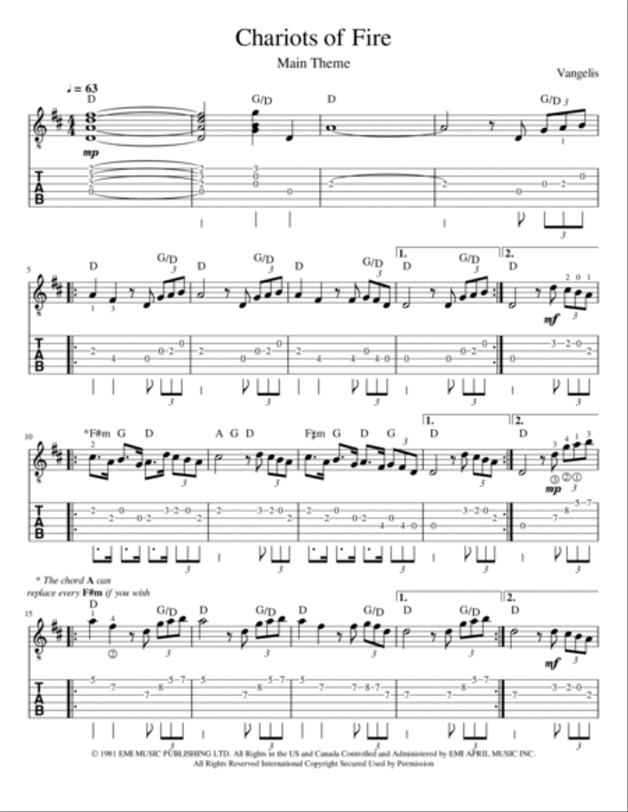 Chariots Of Fire Guitar Tablature scores gallery preview page 1