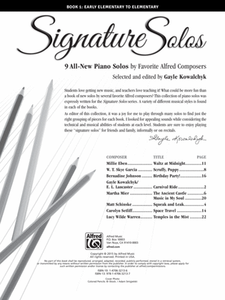 Book cover for Signature Solos, Book 1: 9 All-New Piano Solos by Favorite Alfred Composers