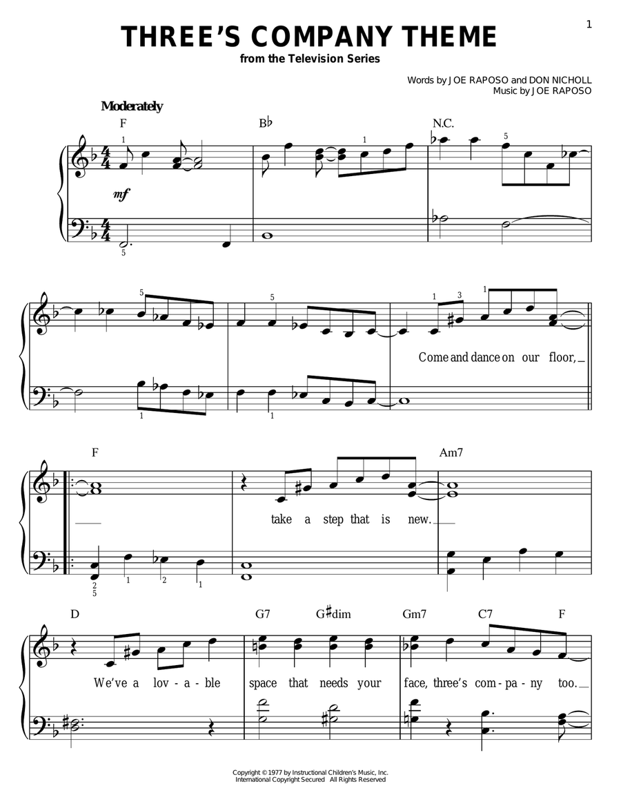 Three's Company Theme Easy Piano scores gallery preview page 1