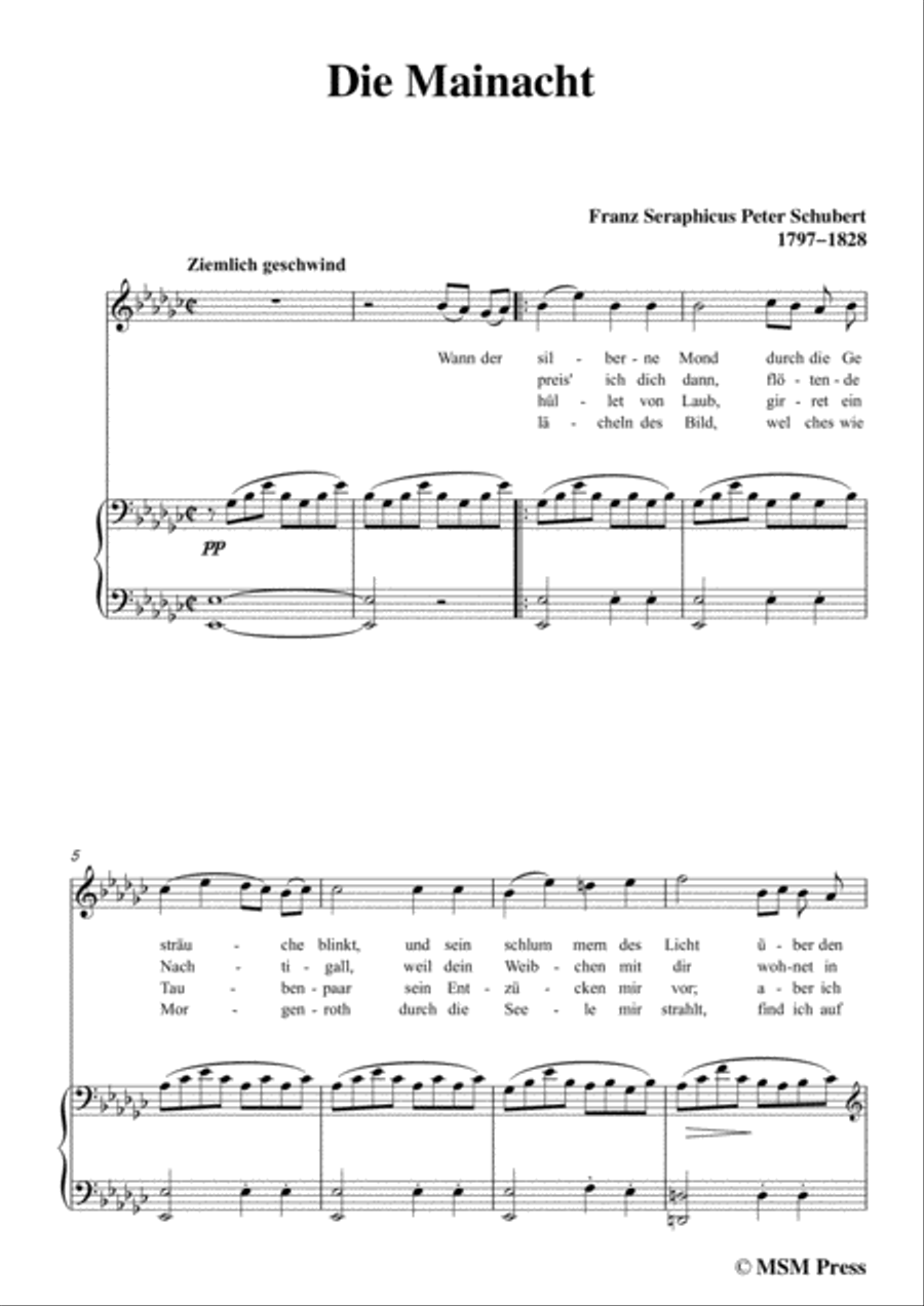 Schubert-Die Mainacht,in e flat minor,for Voice&Piano image number null