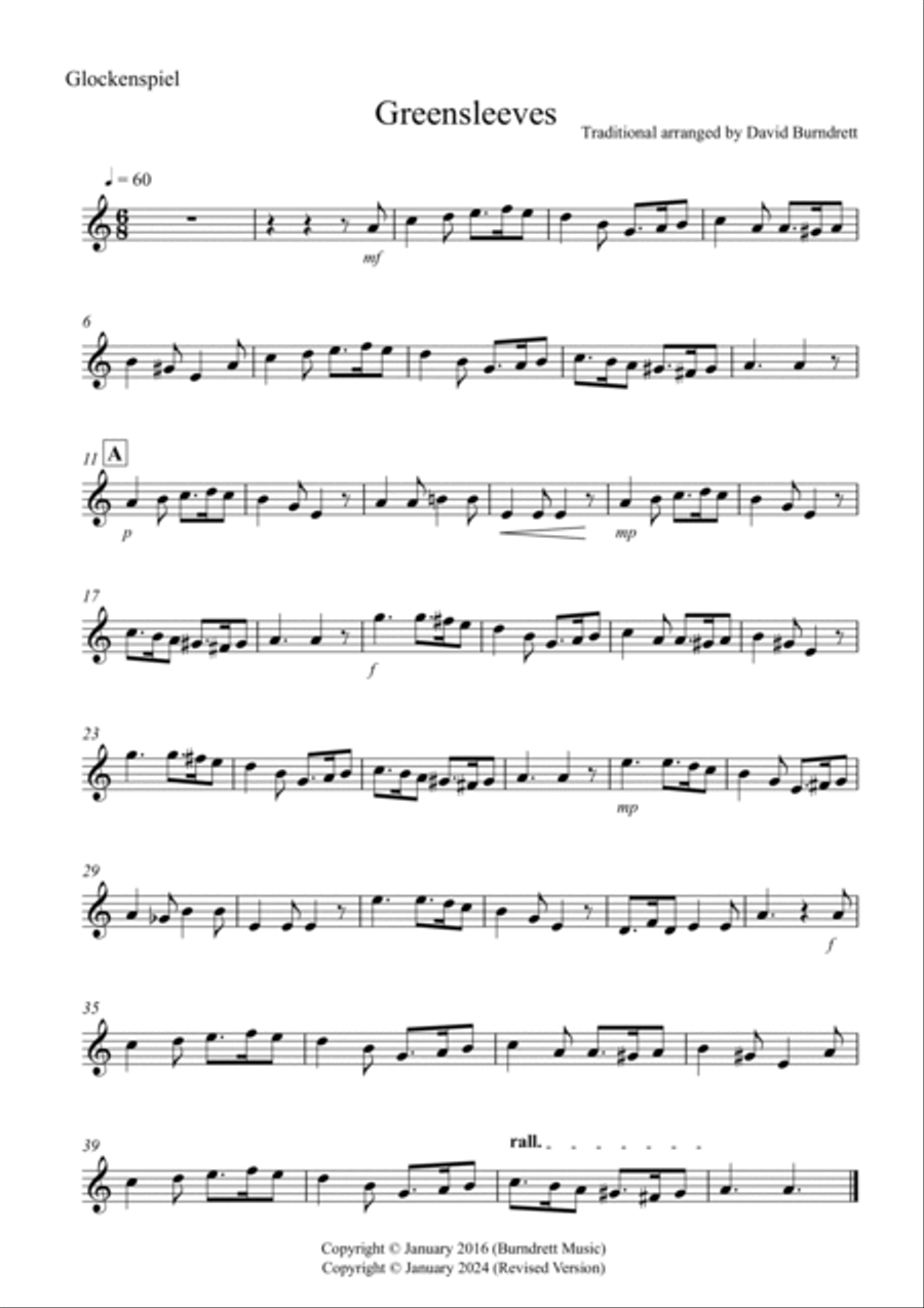 Greensleeves for Glockenspiel and Xylophone Duet Glockenspiel scores gallery preview page 4