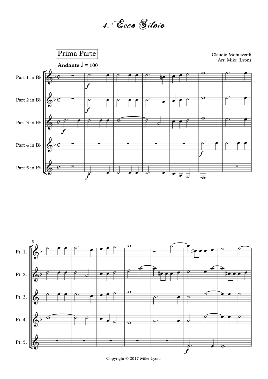 Monteverdi - The Fifth Book of Madrigals (1605) - 4. Ecco Silvio Brass Ensemble scores gallery preview page 3