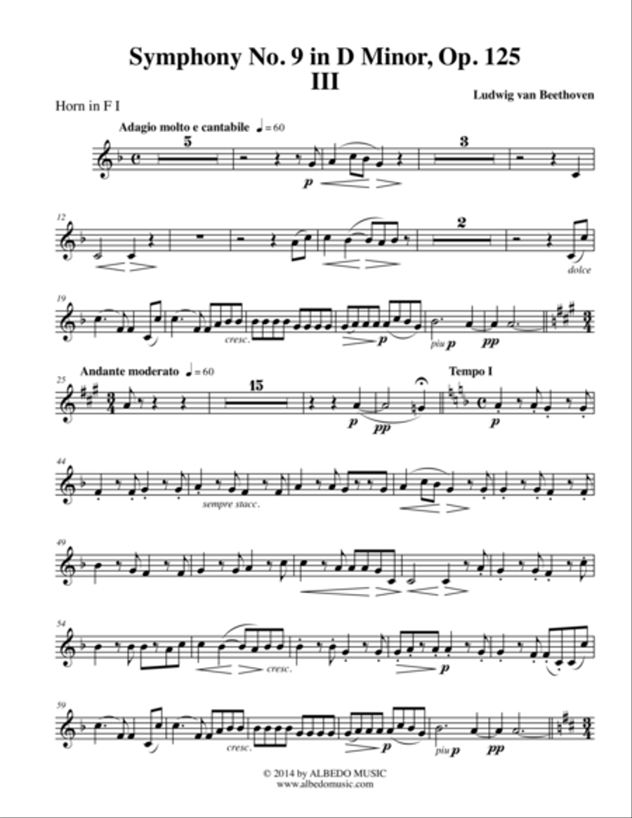 Book cover for Beethoven Symphony No. 9, Movement III - Horn in F 1 (Transposed Part), Op. 125