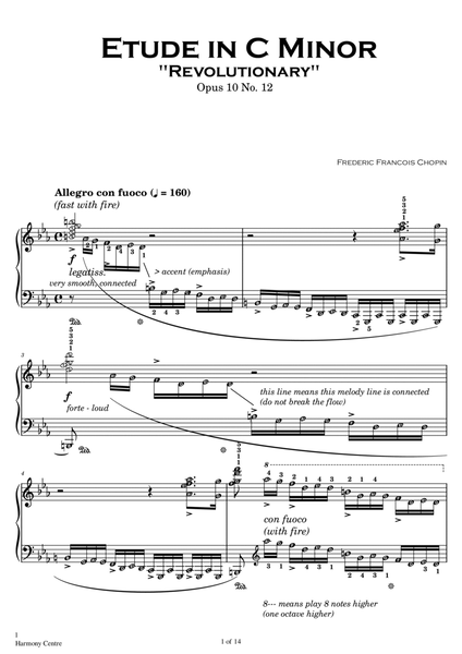 Etude Op. 10 No. 12 Revolutionary CHOPIN Advanced Piano Sheet Music with note names & details