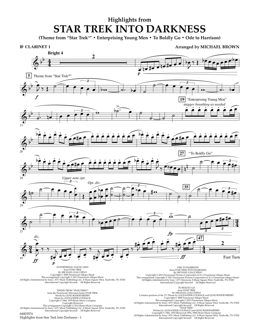 Highlights from Star Trek Into Darkness - Bb Clarinet 1 Concert Band scores gallery preview page 1