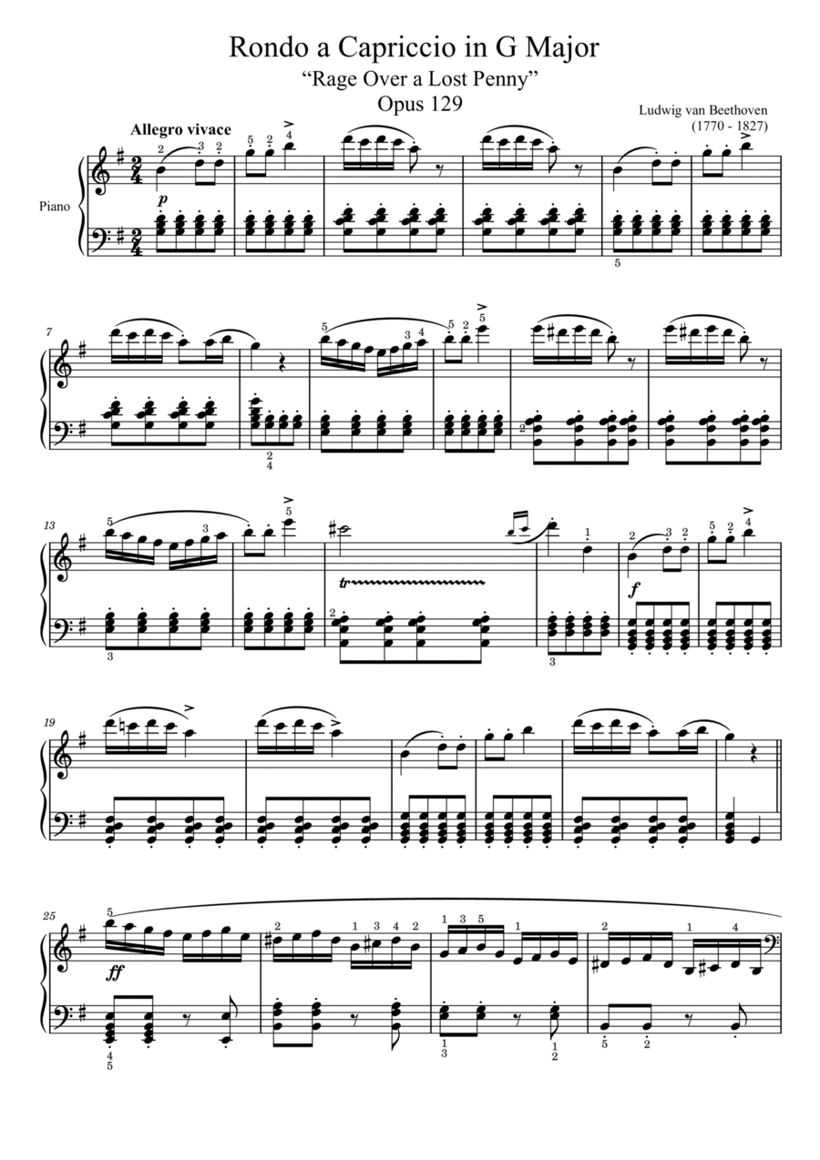 Rondo a Capriccio Op.129 in G Major, “Rage Over a Lost Penny”,Beethoven For Piano Solo With Finger Piano Solo scores gallery preview page 1