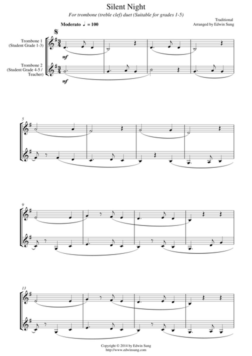 Silent Night (for trombone duet (treble clef), suitable for grades 1-5) image number null