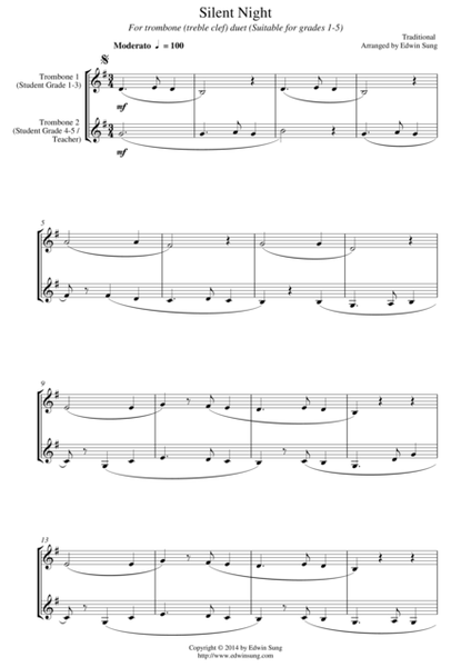Silent Night (for trombone duet (treble clef), suitable for grades 1-5) image number null
