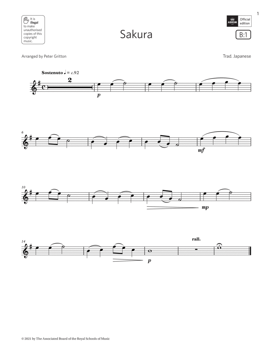 Sakura (Grade 1 List B1 from the ABRSM Flute syllabus from 2022) Flute Solo scores gallery preview page 1