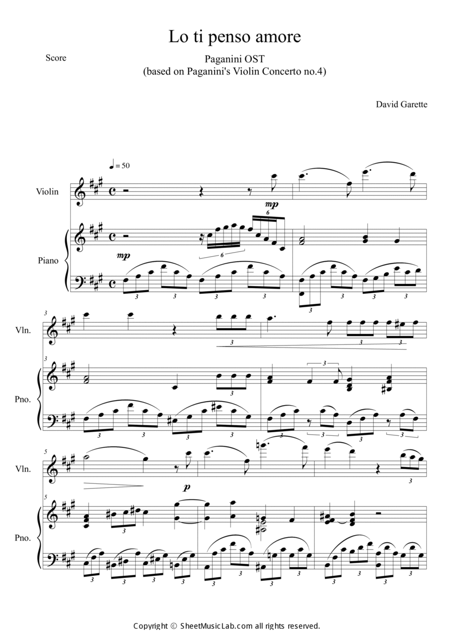Lo Ti Penso Amore (Paganini OST_based on Violin Concerto no.4) Violin Solo scores gallery preview page 1