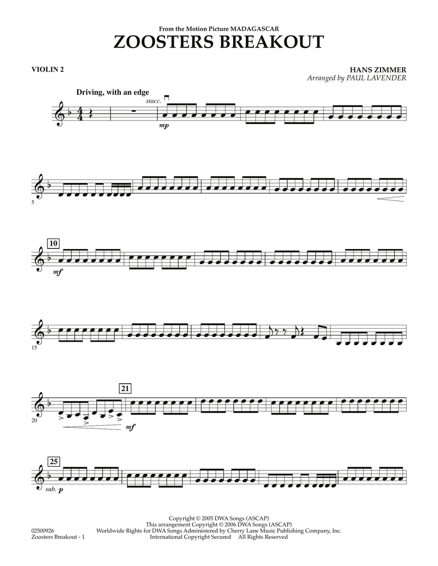 Zoosters Breakout (from Madagascar) - Violin 2 Orchestra scores gallery preview page 1