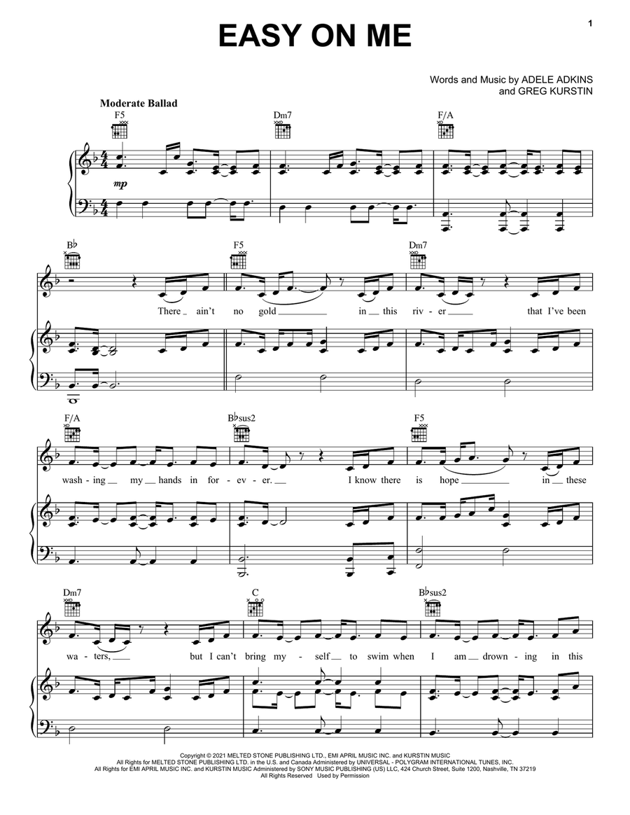 Easy On Me Piano, Vocal, Guitar scores gallery preview page 1