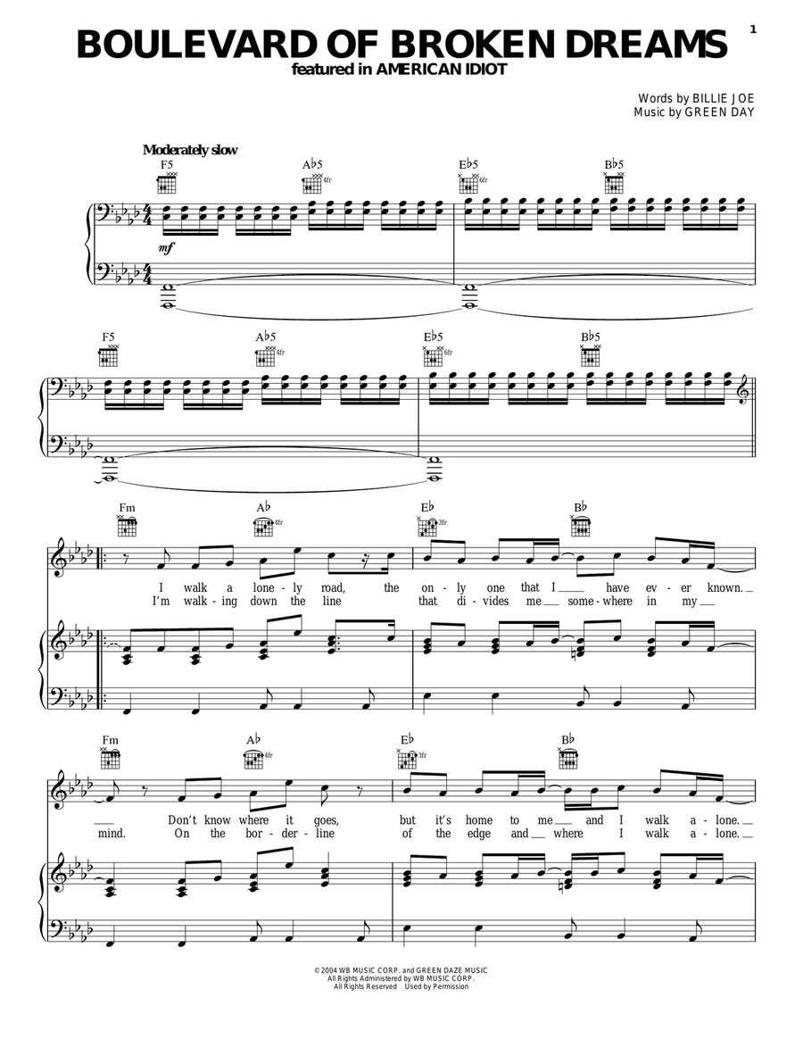 Boulevard Of Broken Dreams Piano, Vocal, Guitar scores gallery preview page 1
