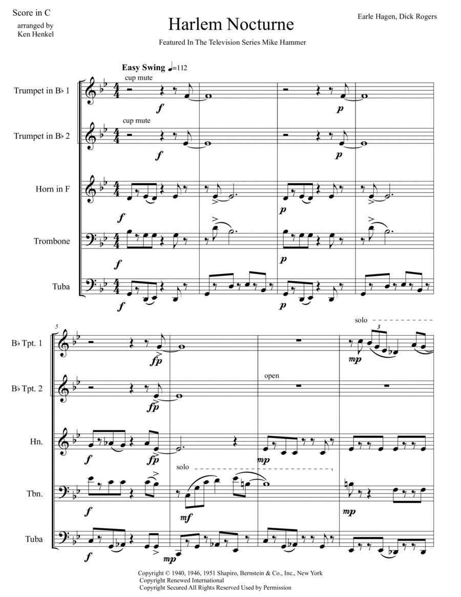 Harlem Nocturne Brass Quintet scores gallery preview page 1