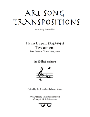 Book cover for DUPARC: Testament (transposed to E-flat minor)