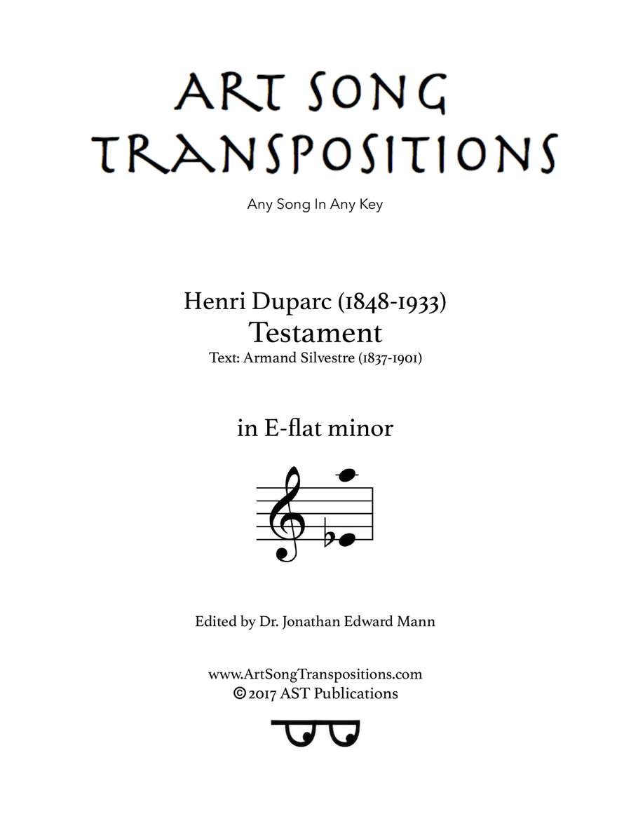 Book cover for DUPARC: Testament (transposed to E-flat minor)