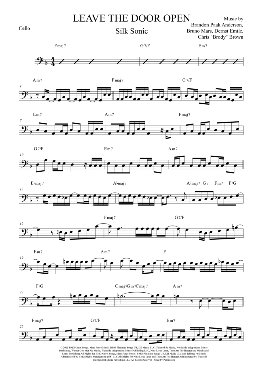 Leave The Door Open Cello Solo scores gallery preview page 1