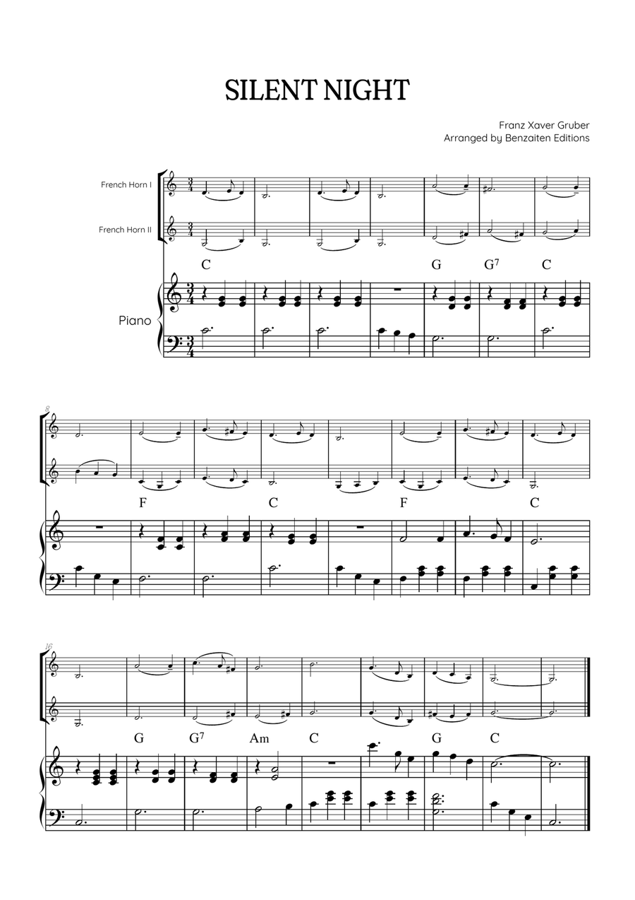 Silent Night for french horn duet w/ piano accompaniment • easy Christmas song sheet music (chords) Brass Duet scores gallery preview page 1
