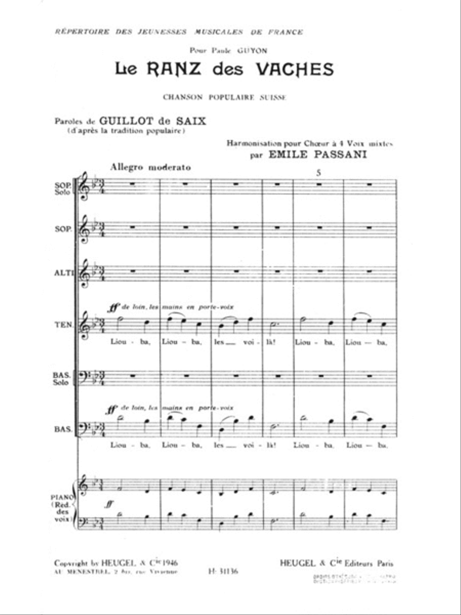 Passani Le Ranz Des Vaches 4 Part & Piano Choral 4-Part scores gallery preview page 1
